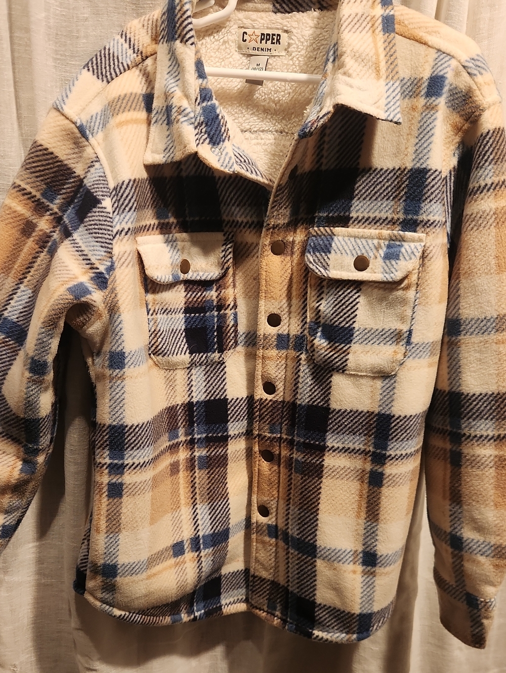 Cooper Denim Kids Cream, Blue & Brown Plaid Sherpa-Lined Jacket